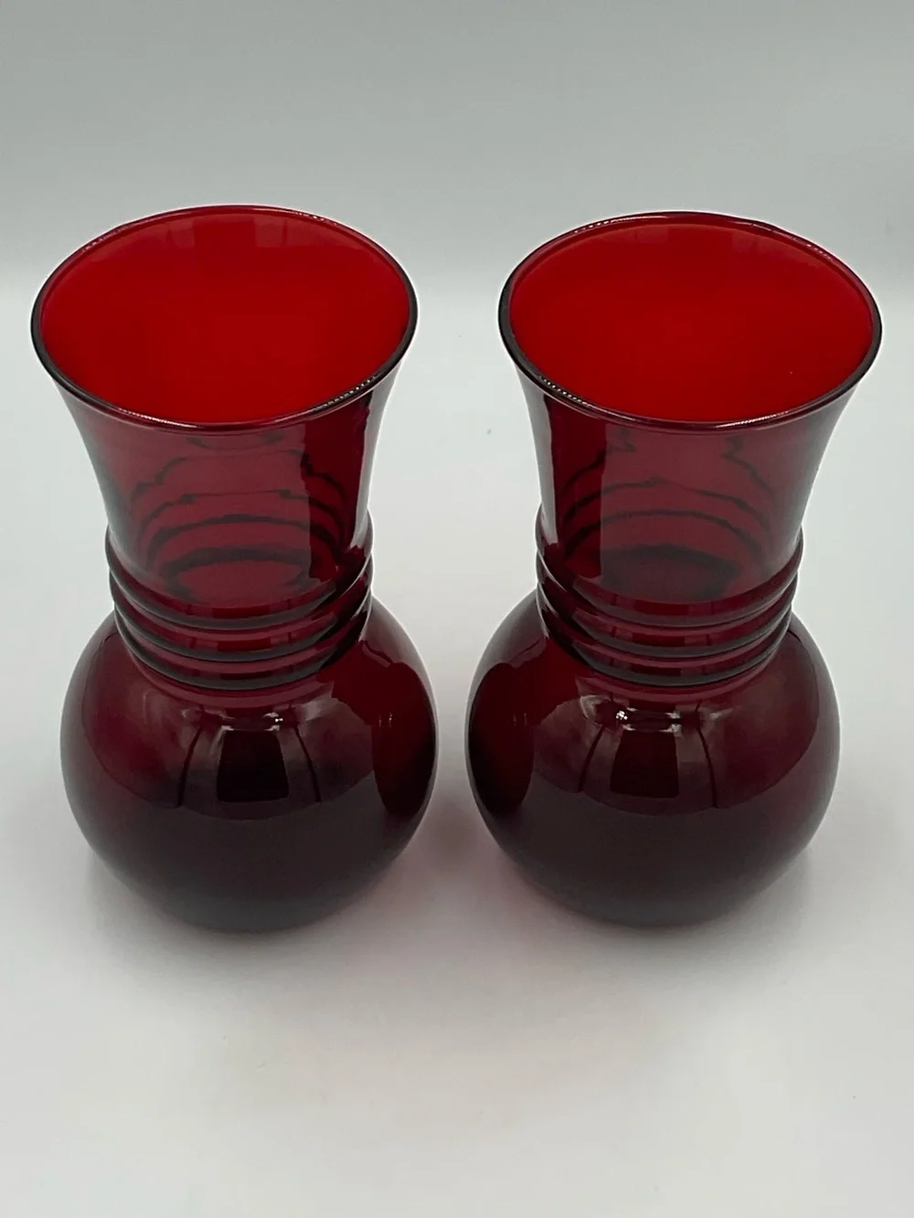 Vintage Anchor Hocking Royal Ruby Red Optic Swirl Ball Vases Set of 2